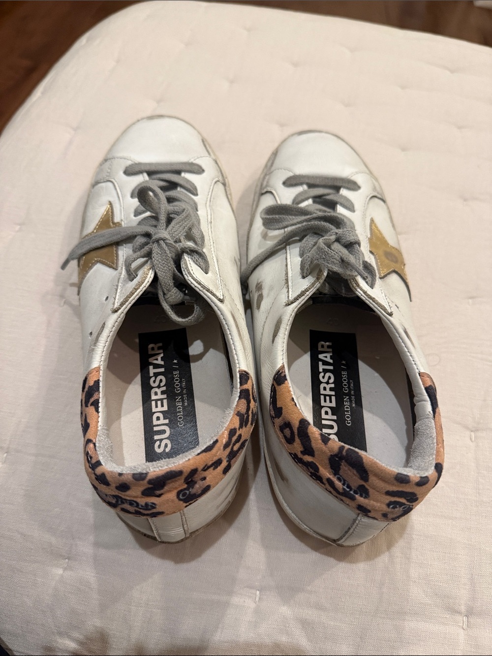 Golden Goose White Leather Sneakers with Gold Star and Pink Leopard Heel - Picture 3 of 6